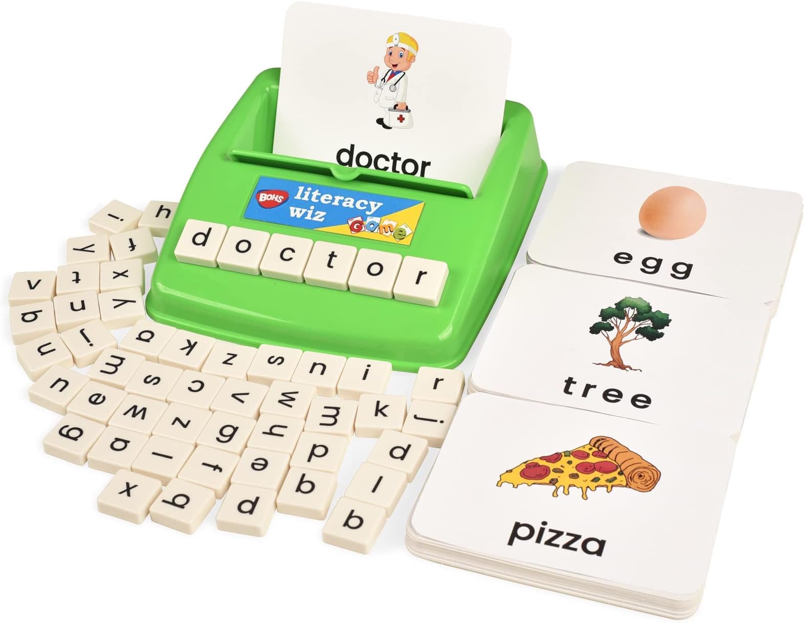 English Spelling Game for Kids, 60 Picture Cards and Lowercase Tiles | See-and-hide flap; six-peg tray; one- to six-letter challenges; phonics, vocabulary and fine-motor practice