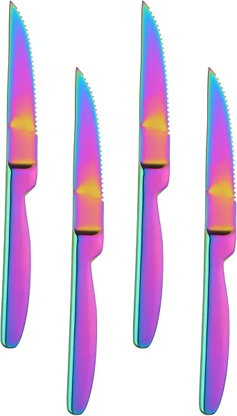 Steak Knife Set, 4-Piece Serrated Steak Cutlery Steak Knife, Stainless Steel Steak Cutlery Knife for Home, Restaurant, Hotel, 22cm (Rainbow, 4 Pcs)