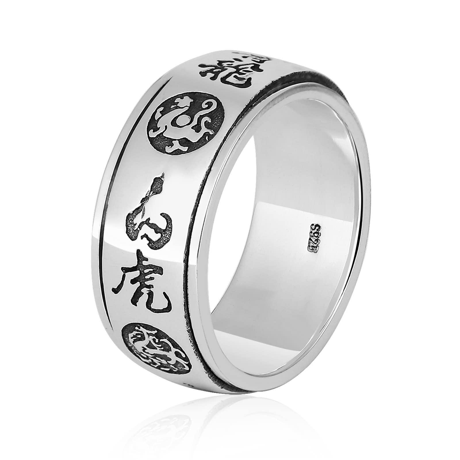 Anillos de promesa para hombre de plata de ley, anillos vintage para hombre giratorios con patrón de tigre dragón tamaño 7.5-11.5, R 1/2, Sin piedras preciosas
