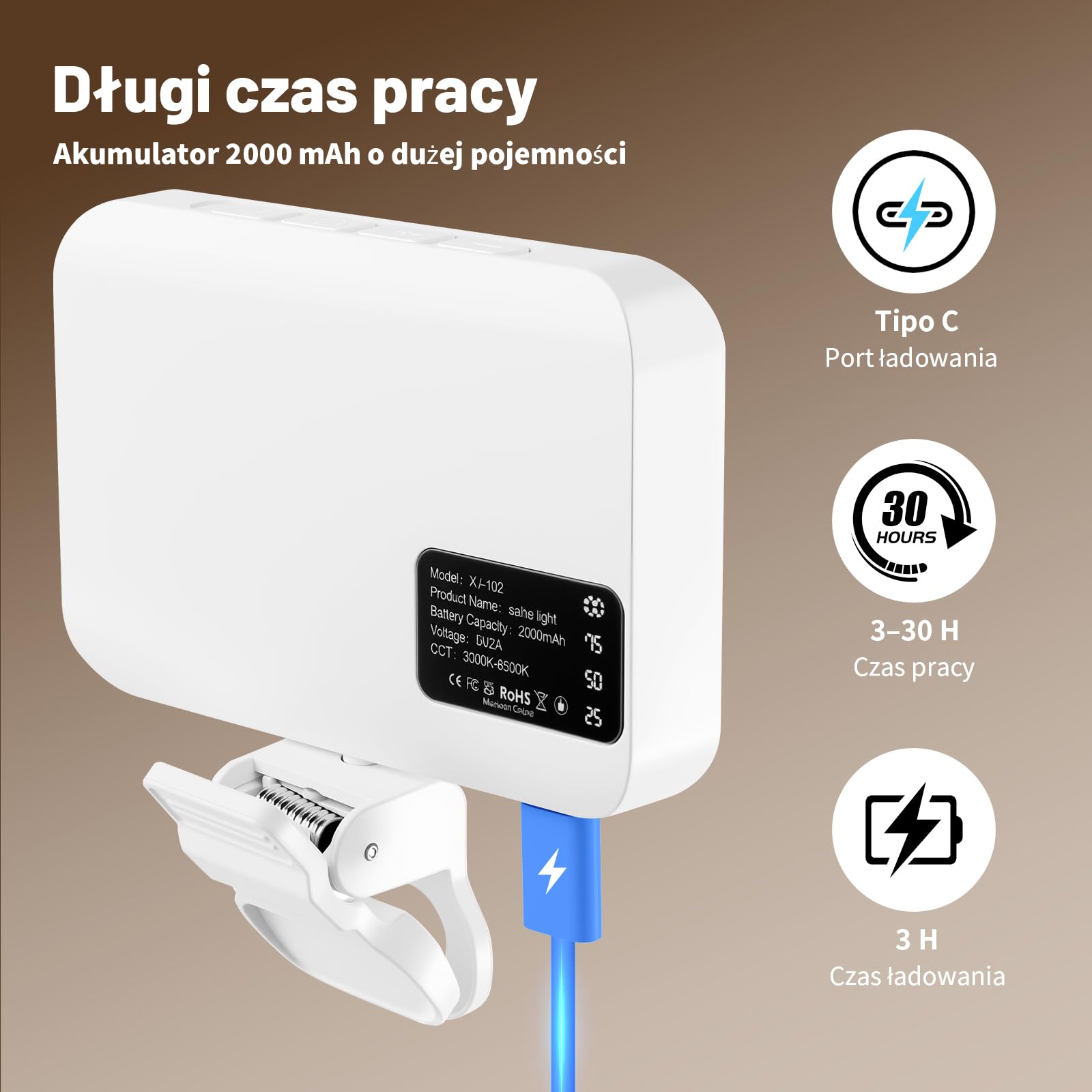 OUSFOT Lumiere Telefon z 3 trybami oświetlenia, 3000-6500K, 10 poziomów jasności do telefonu z baterią 2000 mAh z klipsem, do telefonu, aparatu, komputera