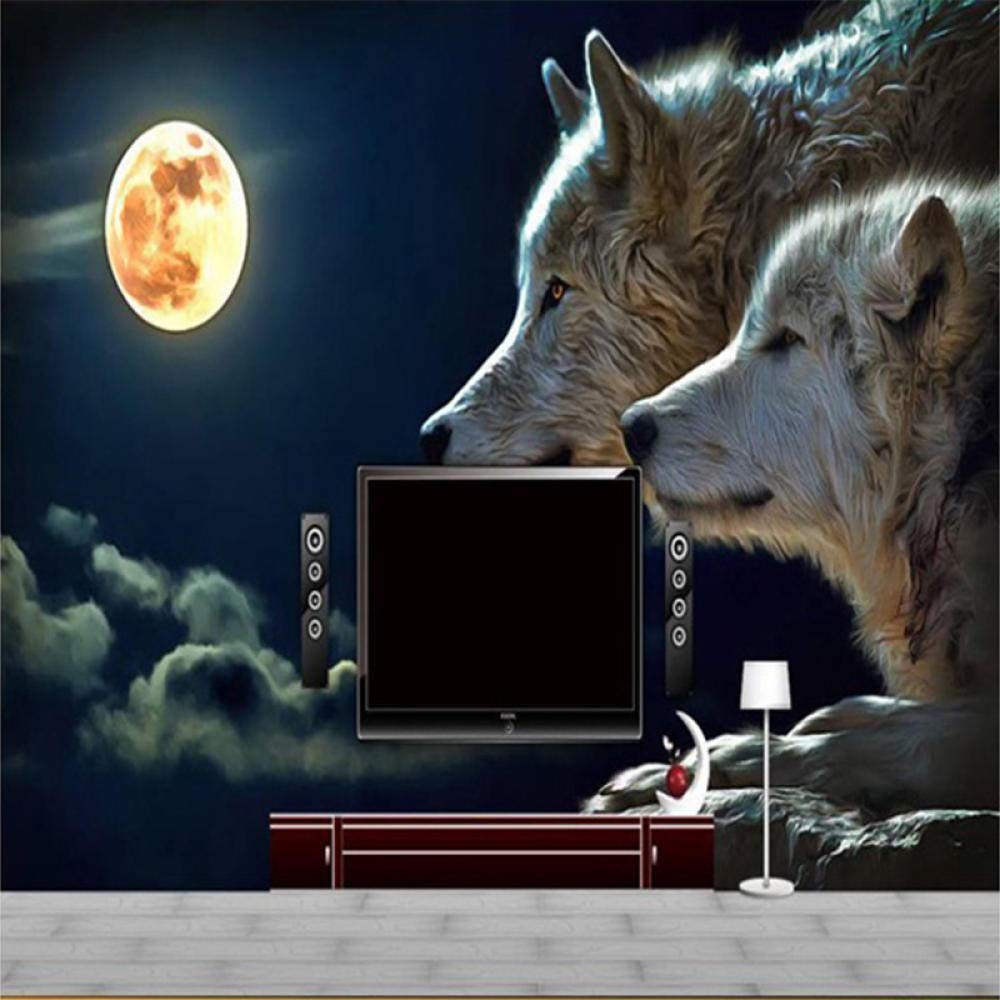 Fresque 3D de loups au clair de lune pour mur de grand salon