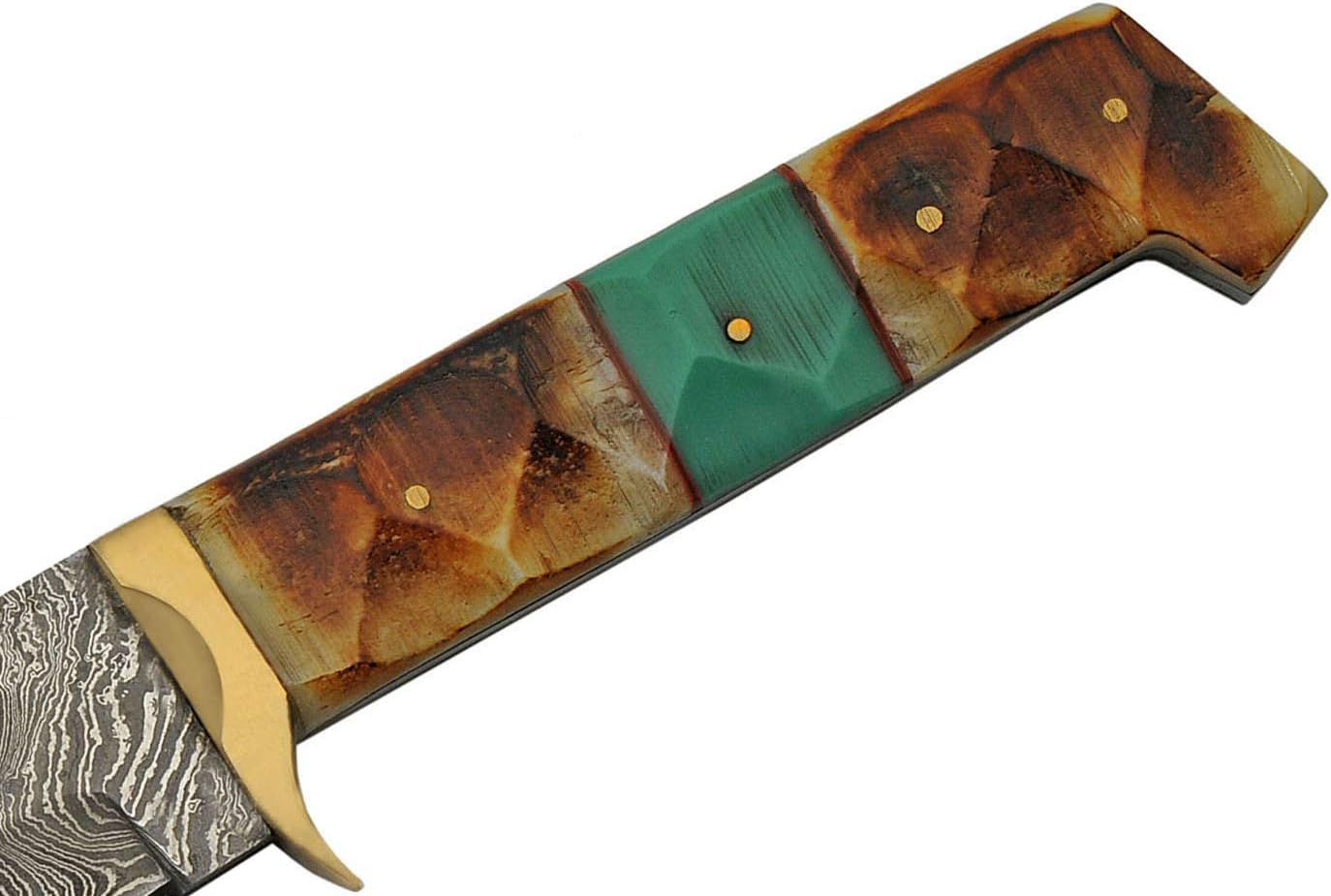 SANZ Damascus Bowie Knife 13 Inch - Camping Knife with Burnt Bone & Turquoise Handle, Full Tang Blade & Sheath - Pocket Knife for Hunting & Outdoor uses - Knives for Men