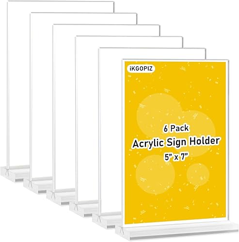 Paquete de 6 soportes acrílicos para letreros de 5 x 7 pulgadas, soporte de escritorio en forma de T, soporte para letreros, marco de anuncios de