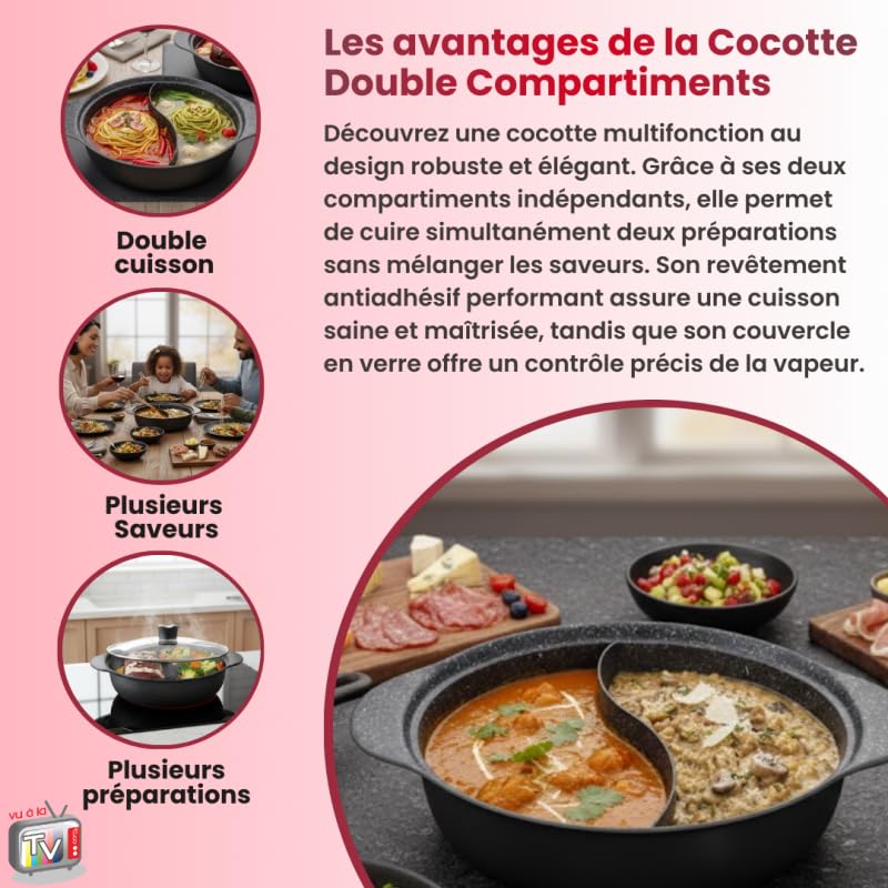 VENTEO KitchenPro Cocotte Double Compartiments 28cm 4L | Cocotte Fonte | Casserole Induction | Cuisson Séparée | Revêtement Antiadhésif | Couvercle Verre Régulation Vapeur | Utilisation Tous Feux Four