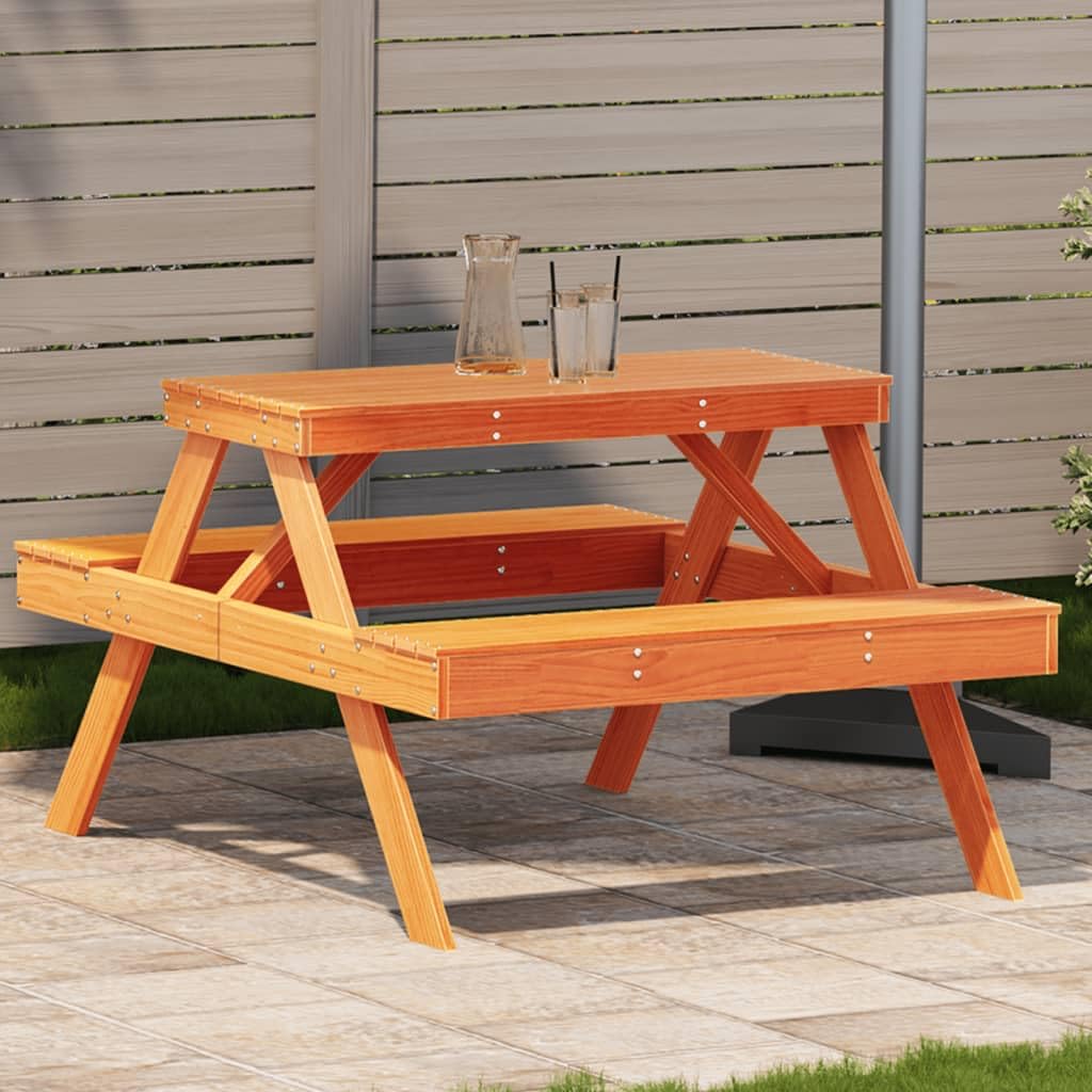 Tavolo da picnic in legno di pino massiccio, marrone cerato, 105 x 134 x 75 cm | Robusto piano del tavolo, design a doghe contro l'accumulo d'acqua, per giardino e terrazza, massimo 110 kg per seduta