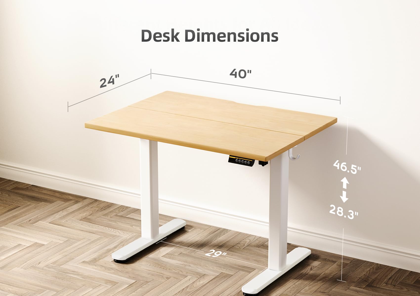 Claiks Solid Wood Electric Standing Desk, Adjustable Height Stand up Desk, 40x24 Inches Sit Stand Home Office Desk with Splice Board, White Frame/Nature Top view 3