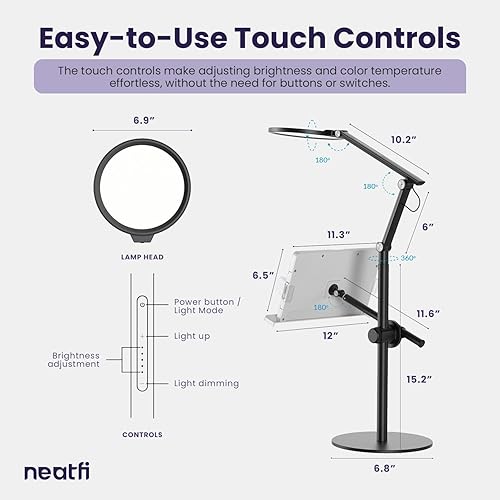 Miniatura 6 de Neatfi (Nuevo modelo) Lámpara de escritorio LED multifuncional, 3 modos de luz, 5 niveles de brillo, 3100-6400K, luz de zoom, luz de cámara web,