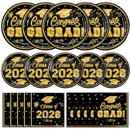 Litmitfu 150 Pcs Graduation Plates and Napkins 2026 - Black Gold Congrats Grad Class of 2026 Paper Dessert Dinner Plates Napkins Set for Graduation Party Decorations Supplies Table Decor Serves 50