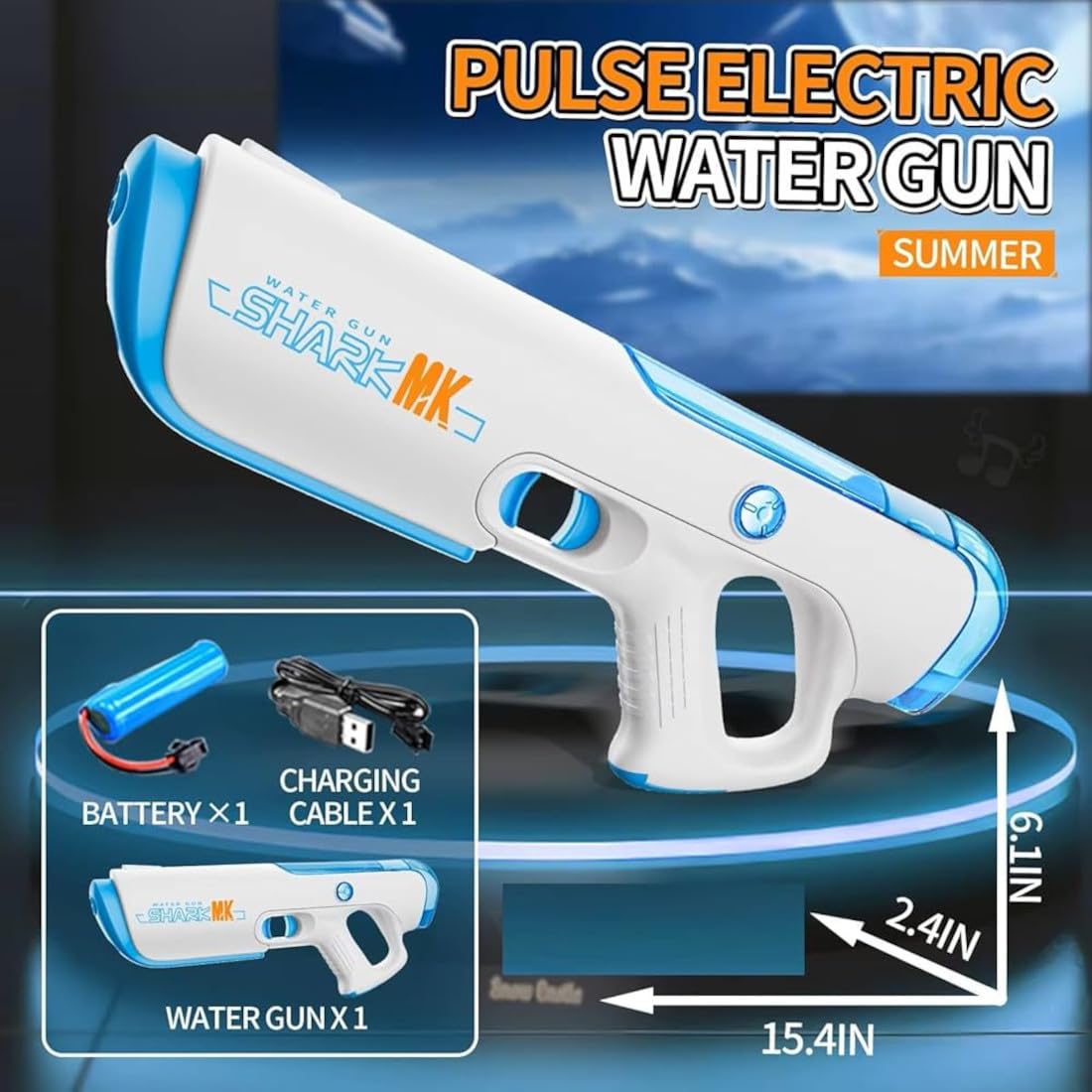 Shark MK Pistola ad Acqua Elettrica per Bambini, Ricaricabile USB, 39x15 cm, Bianco e Blu