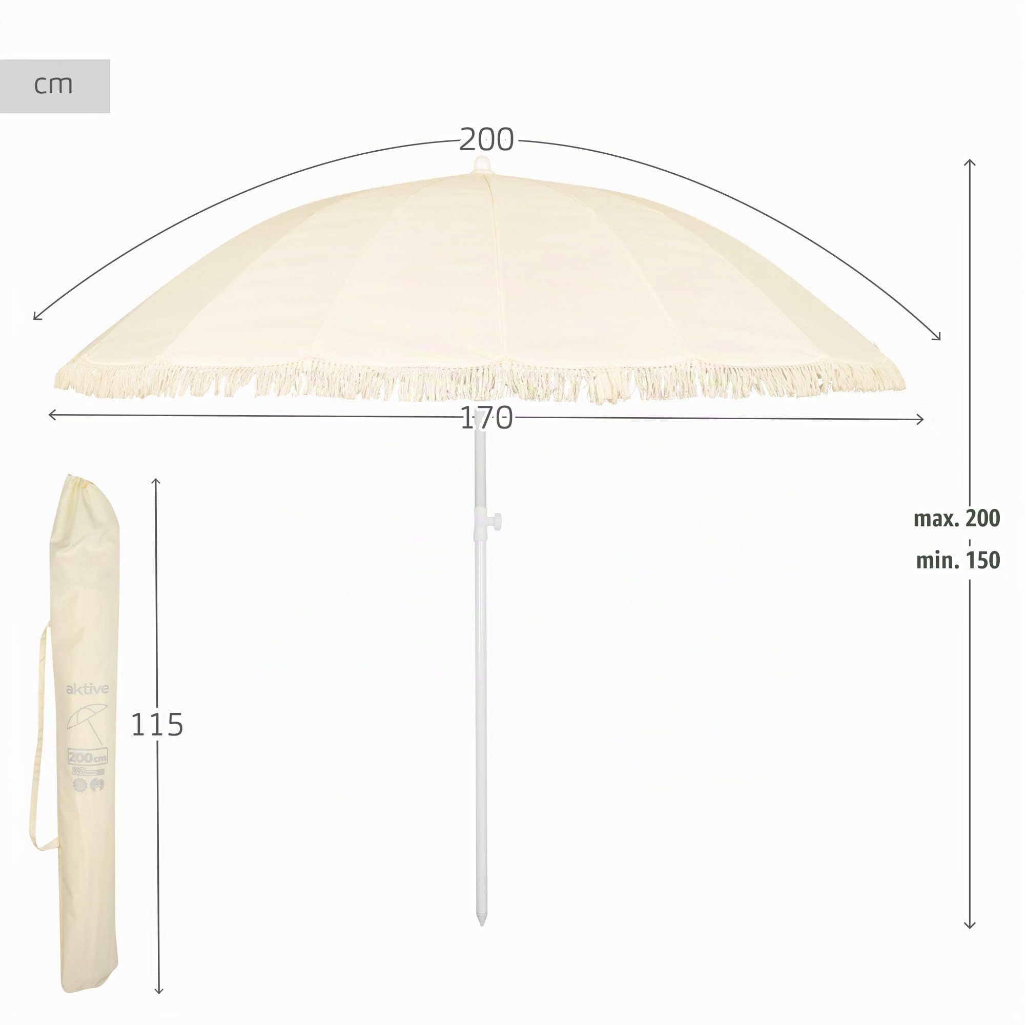 AKTIVE Parasol de plage 16 baleines 200 cm beige, mât en acier inclinable, protection UV50, design avec franges, baleines renforcées, étui de transport inclus, idéal pour la plage (62432)