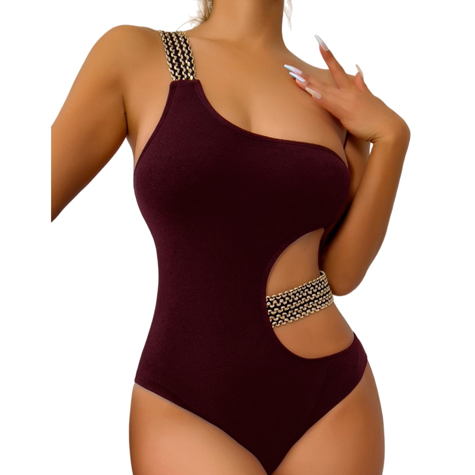 JNFCBD Swimsuits For Women Women's One Shoulder Chain Detail Piece Swimsuit, Cutout Waist Bathing Suit,fabric Swimwear Beach Resort-red-m