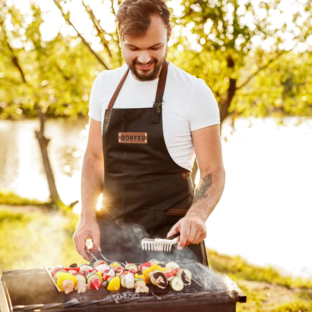 BonFeu Delantal de barbacoa – Cocinar al aire libre – Delantal de piel de lujo – Negro – Delantal de cocina – Delantal de barbacoa – Delantal de barbacoa – Delantal para hombre