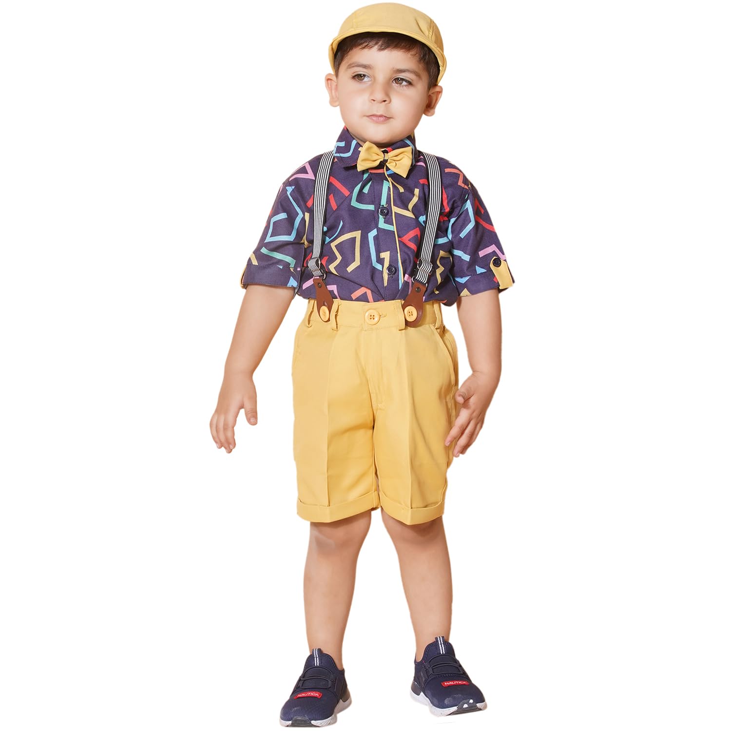 AJ DEZINES Kids Cotton Printed Shirt Shorts Set For Boys With Cap and Suspender