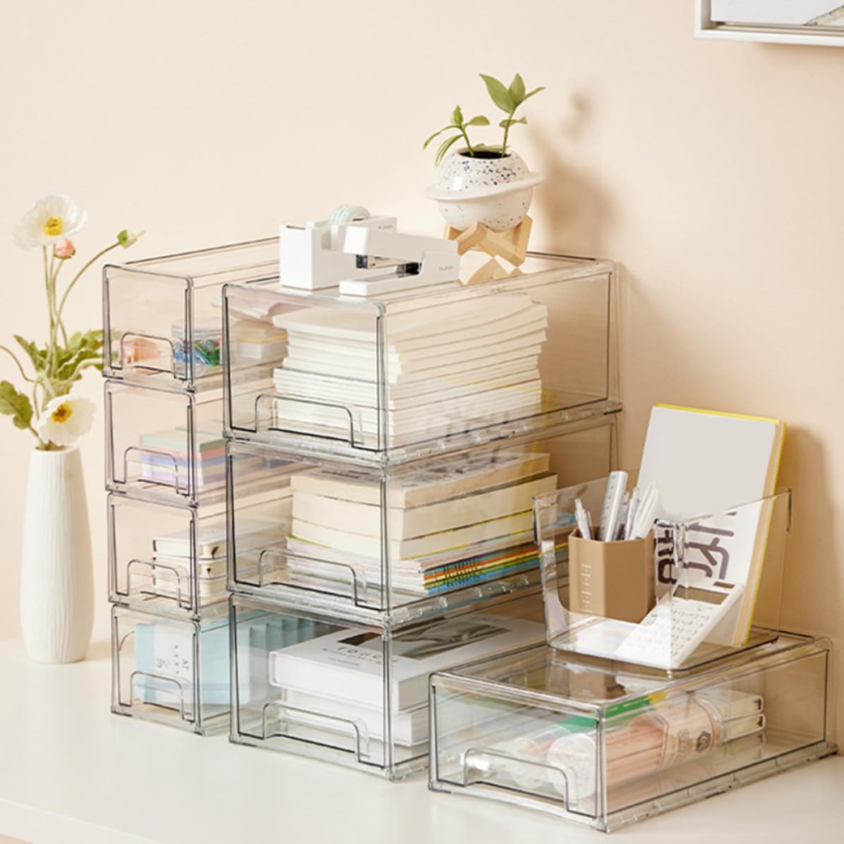 2 Pezzi Scatola di Immagazzinaggio in Acrilico, Organizer da Scrivania per Cosmetici e Cancelleria, Cassetto, Leggero, per Ufficio e Scuola, per Studenti e Lavoratori