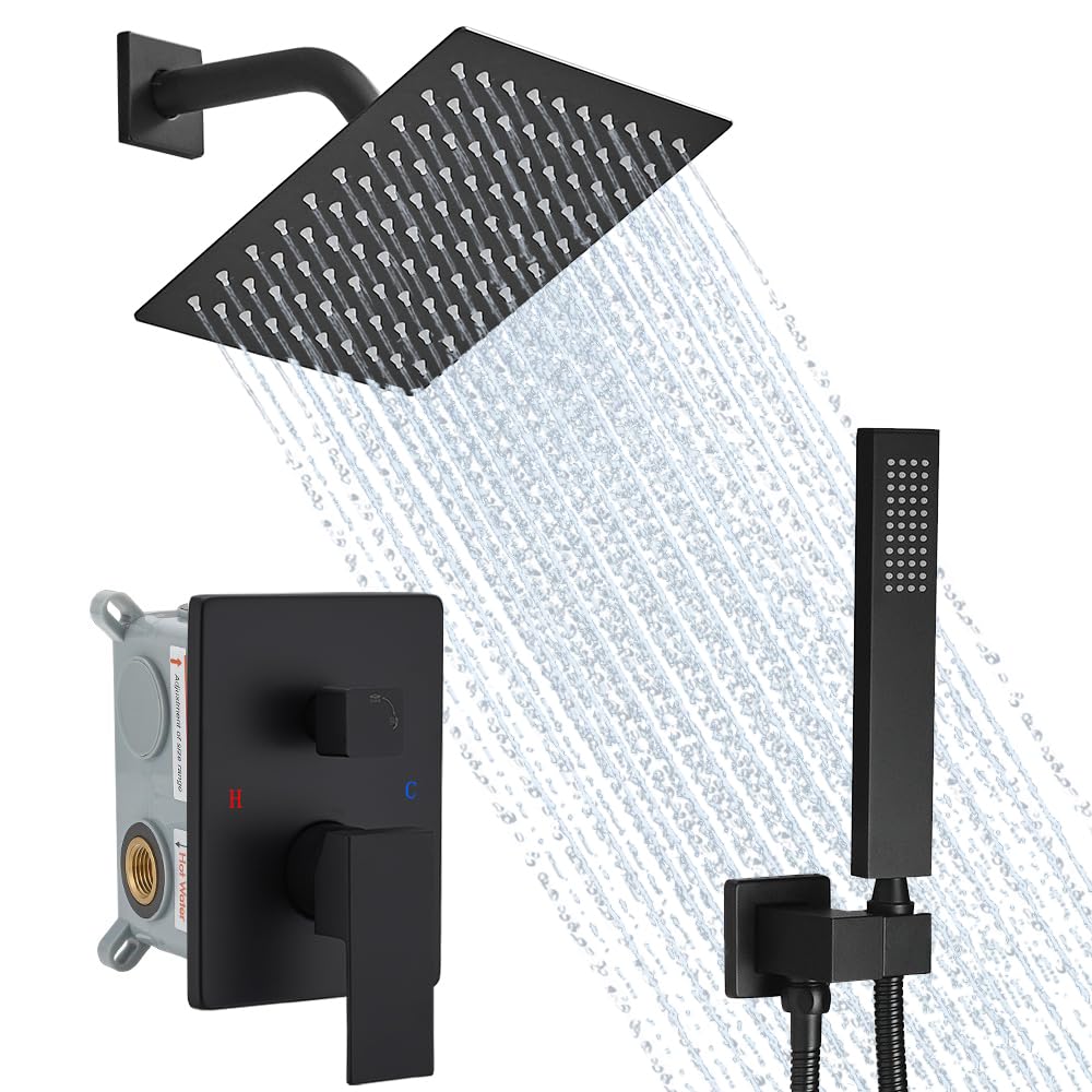 Matte Black Shower System, 8 Inch High Pressure Rain Shower with Handheld, Wall Mount Shower Faucet Set for Bathroom, Rough-in Valve Body and Trim Included