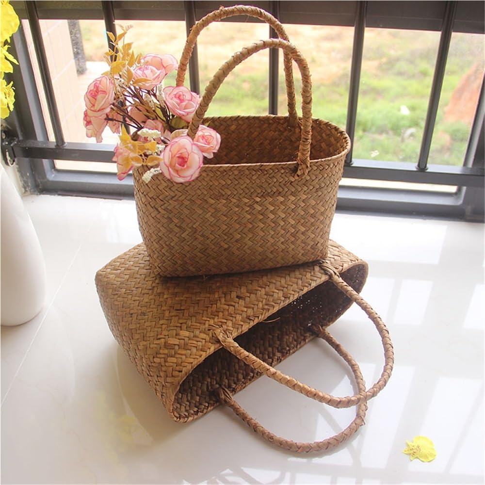 Panier de rangement tissé aux algues jonc de mer naturel vêtements faits à la main panier à linge paille osier rangement rotin pot de fleurs sac de plage (34x14x21cm)