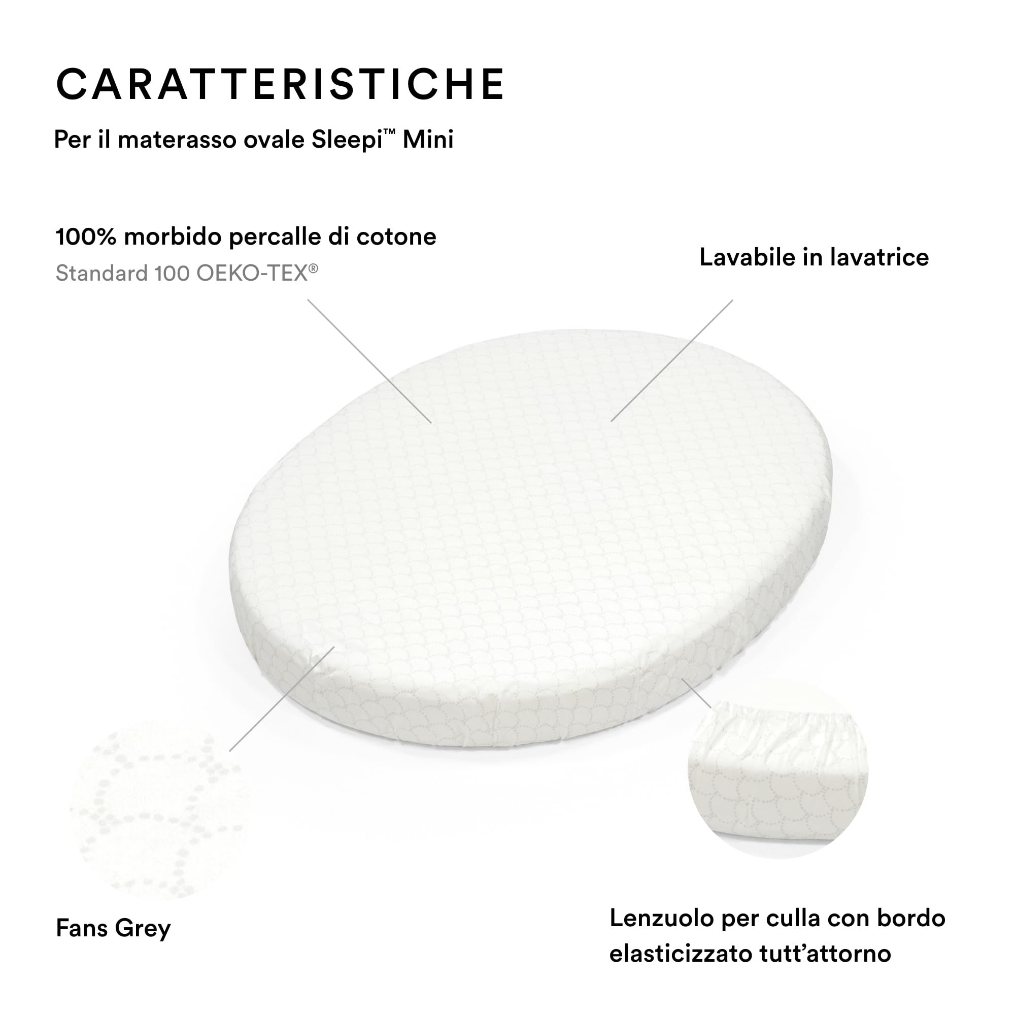 Stokke Lenzuolo sotto Sleepi Mini, Fans Grey - Morbide lenzuola per sogni dolcissimi - Per il materasso ovale Sleepi Mini - Sicuro, elegante e lavabile - 100% morbido percalle di cotone