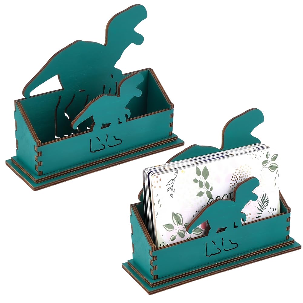 CRASPIRE 2 Sets Dinosaur Wooden Business Card Holder Card Stand 4.5x1.57x3.54In Hollowed Decorative Green Cute Open Name Postcard Organizer Display Stands for Desktop Office Home Tabletop Decor — image 1