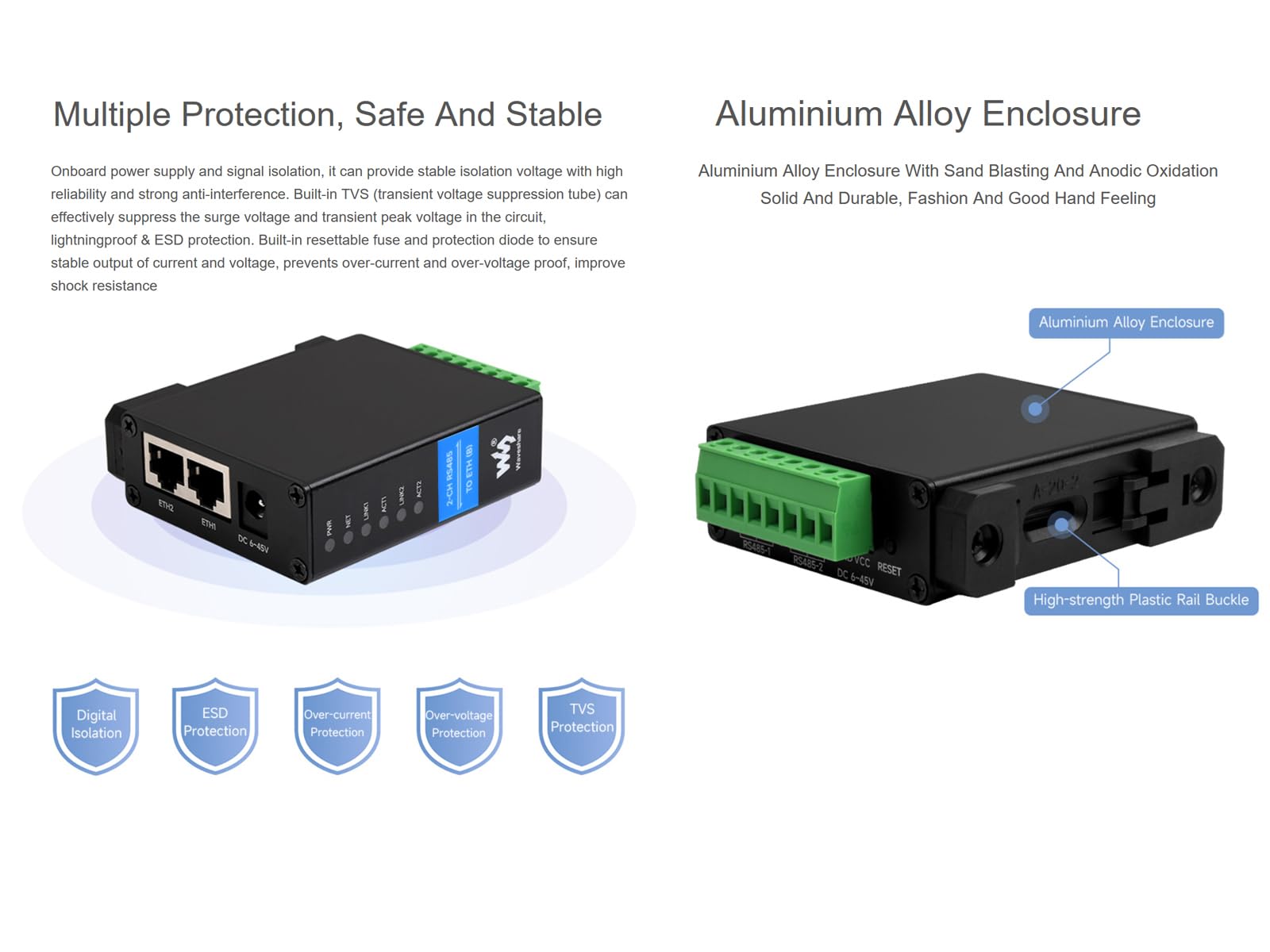 Convertisseur RS485 vers Ethernet 2 canaux Serveur Sériel Industriel Isolé, RS485 à 2 canaux Fonctionnement Indépendant, 2X RJ45 Ethernet Ports, Modbus Gateway MQTT Gateway JSON Support
