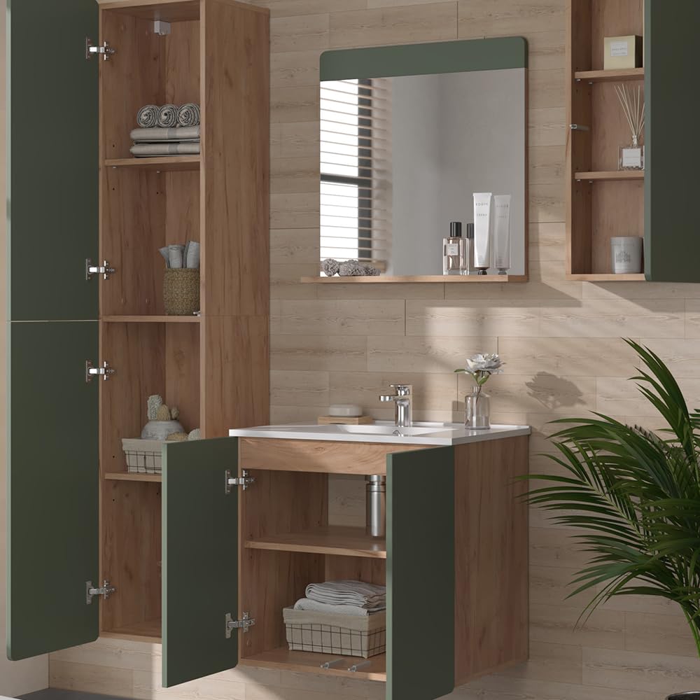 Vicco Zestaw mebli łazienkowych "Izan", Goldkraft dąb/zielony, 61.8 cm | składa się z szafki pod umywalką, umywalką, szafką ścienną, kolumną i półkolumną