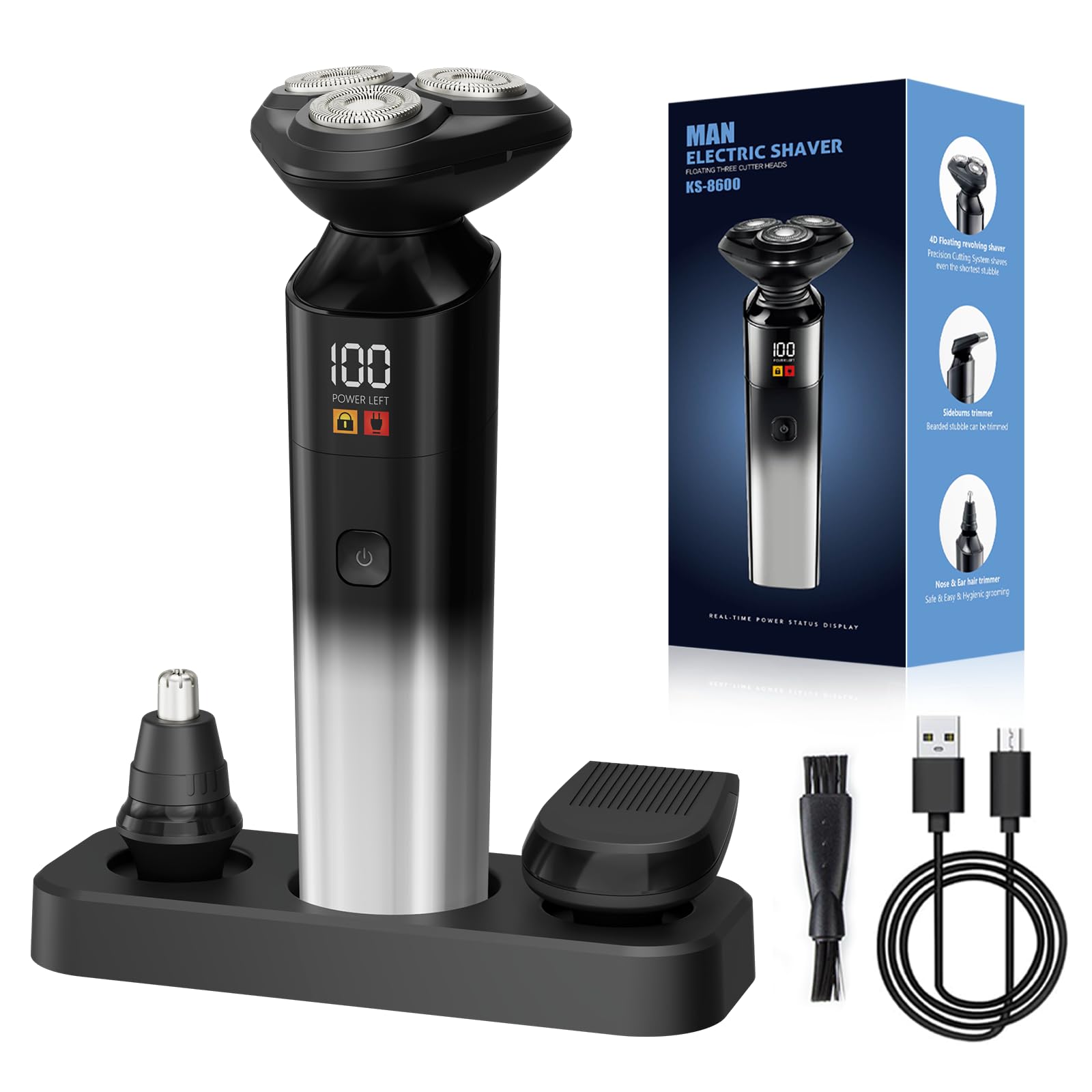 Electric Razor for Men Rechargeable Electric Shaver for Men Waterproof 3D Rotary Shaving Wet Dry Cordless 3-in-1 Electric