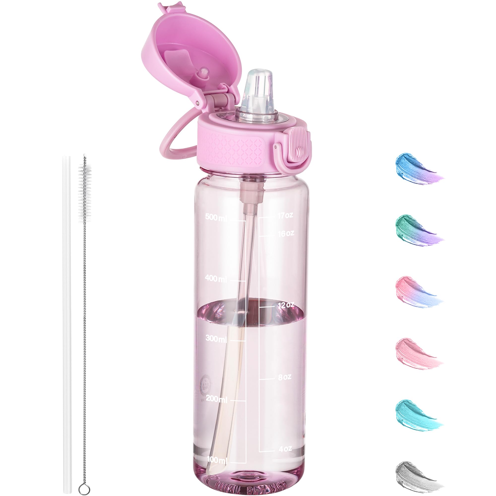 GOPPUS 500ML/17OZ Clear Tritan Water Bottle with Straw Transparent Childrens Drinks Bottle with Carrying Handle See Through Measured Bottles with Flip Top Lid Leakproof Adults Water Bottles BPA Free — image 1