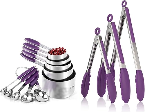 U-Taste Juego de tazas y cucharas medidoras de acero inoxidable 18/8 y juego de pinzas de cocina de alta resistencia al calor de 600ºF (morado)