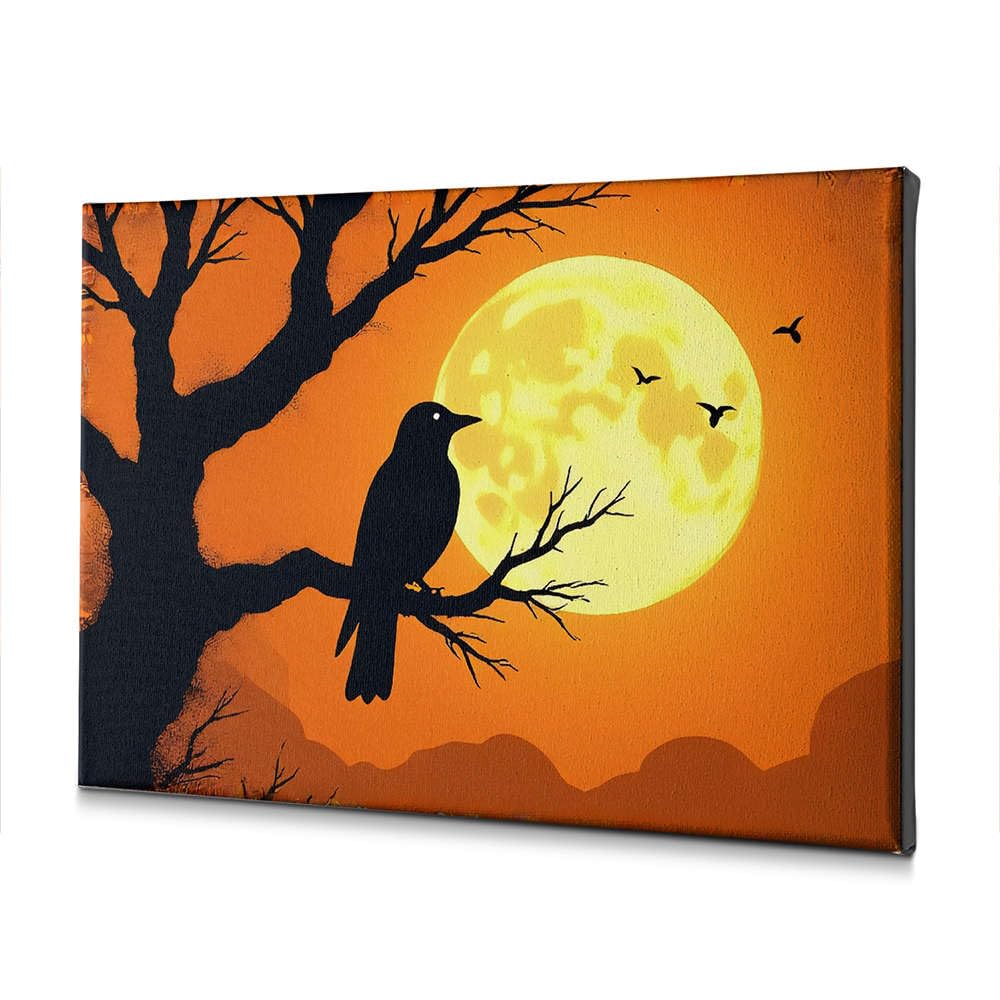 Toile corbeau sur branche sous la lune 40x60cm de style rustique