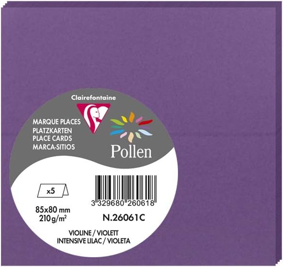 Clairefontaine - Ref 26061C - Pollen Place card (Pack of 5 Sheets) - 85 x 40mm Sized, 210gsm Grained Card, Acid Free, Inkjet & Laser Printer Compatible - Intensive Lilac