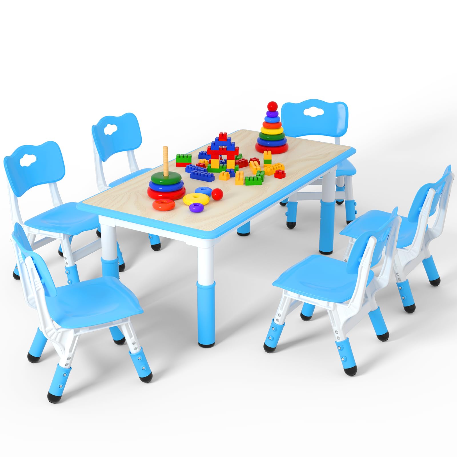 LulliSpace Kids Table and 6 Chairs Set，Height Adjustable Children Table &amp; Chair，Toddlers Study Multi-Activity Table with 47.2"x23.6" Wipe-Clean Desktop，for Classrooms, Homes &amp; Daycares
