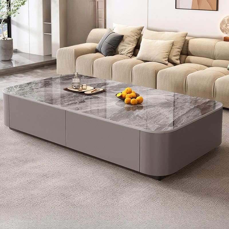 Rectangular Stone Top Coffee Table with Storage Drawers, Modern Rectangular Living Room Accent Center Table with Storage (Grey, 47.2" L x 23.6" W x 14" H)