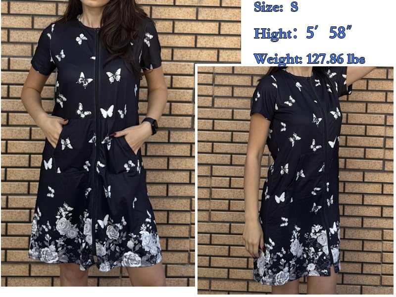 Image of Ekouaer Women Robes Lightweight House Coat Short Sleeve Floral Print Mumu House Dresses with Pockets Zipper Nightgowns