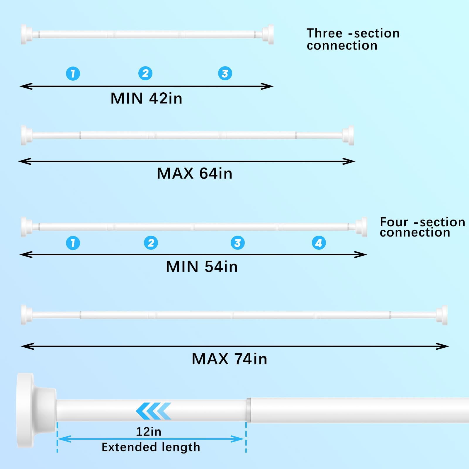 AIZESI Shower Curtain Rod, Adjustable 42-74 Inch Spring Tension Shower Rod, 1