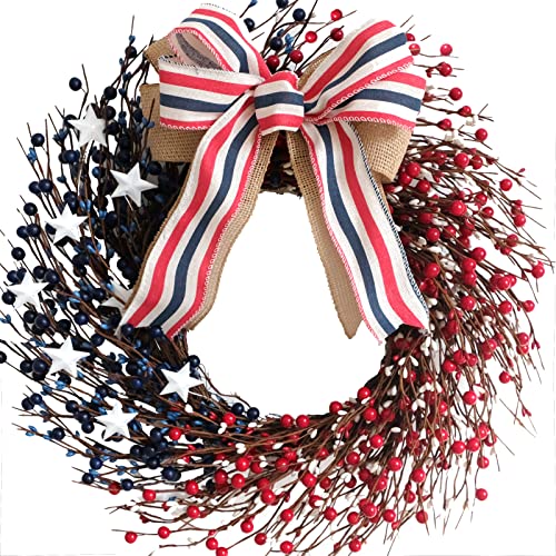 Bibelot 18 Inch Patriotic Red White Blue Berries Wreath for Front Door, 4 of July Memorial Day Independence Day Burlap Bow Wreath for Home Decor, American Flag Day Wreath for Indoor and Outdoor Use