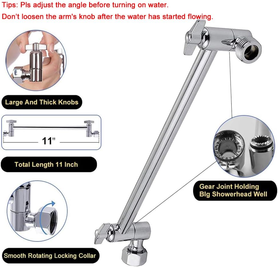 Miniatura 2 de Rain Shower Head with 11 Adjustable Extension Arm, Large Stainless Steel High Flow Rainfall Square Shower head, Bath Shower Waterfall Full Body
