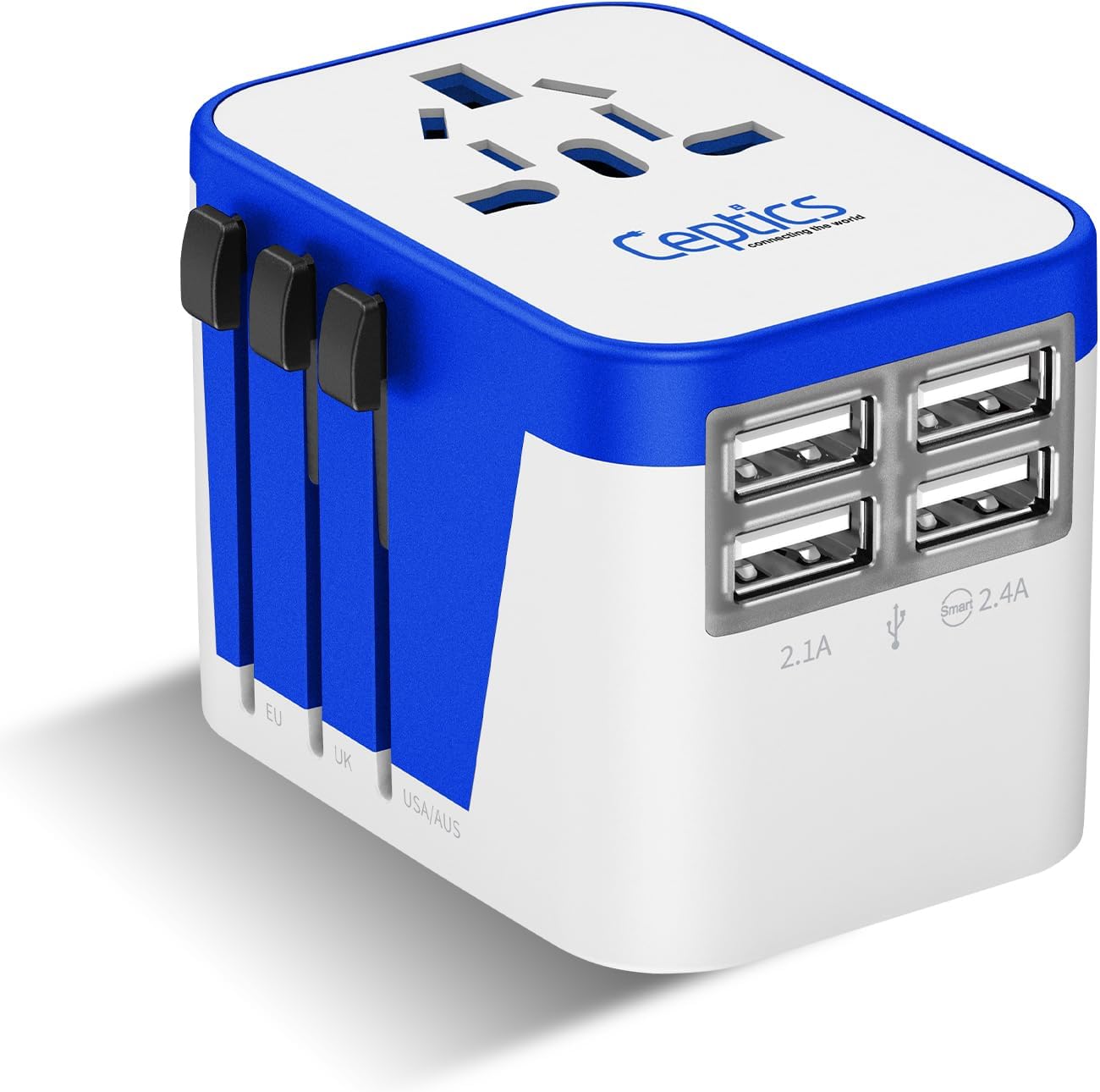 Ceptics Universal Travel Adapter Plug World Power W/ 4 USB Ports - Charge Cell Phones, Smart Watches, iPhones - For International Europe, China, UK, UAE, Australia - Type A, C, G, I