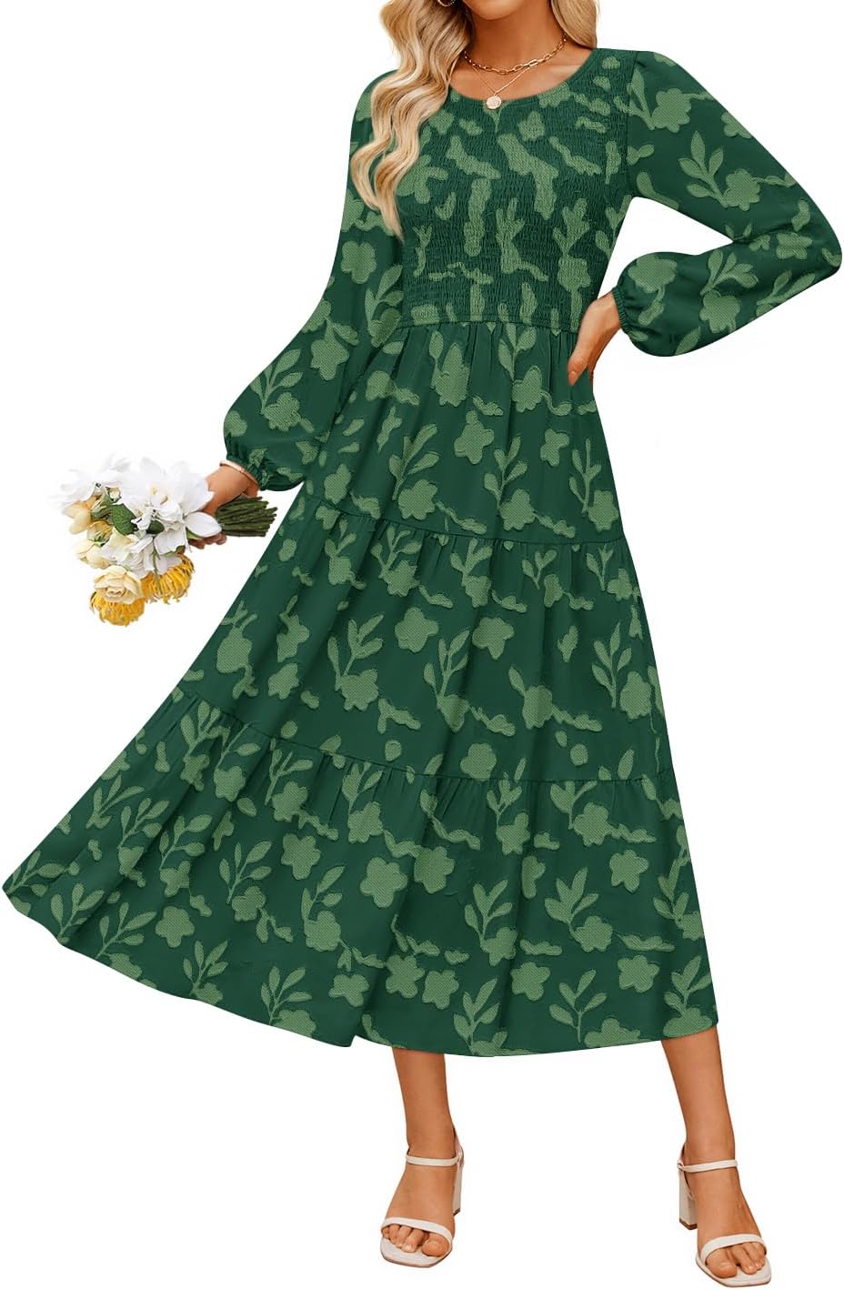 ZESICA Women's Fall Boho Floral Midi Dress 2026 Casual Long Sleeve Crewneck Flowy Wedding Guest Long Dresses