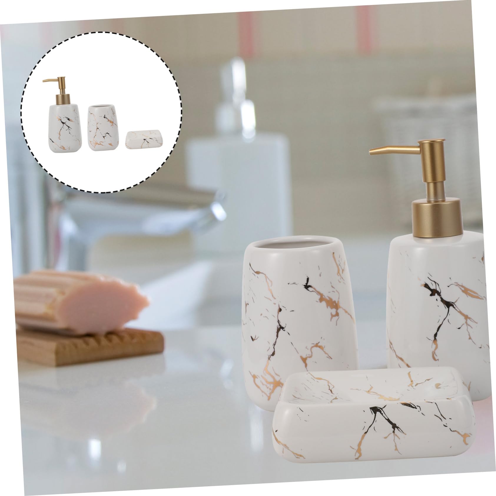 Ensemble D’Accessoires de Salle de Bain Marbre 3 Pièces en Céramique