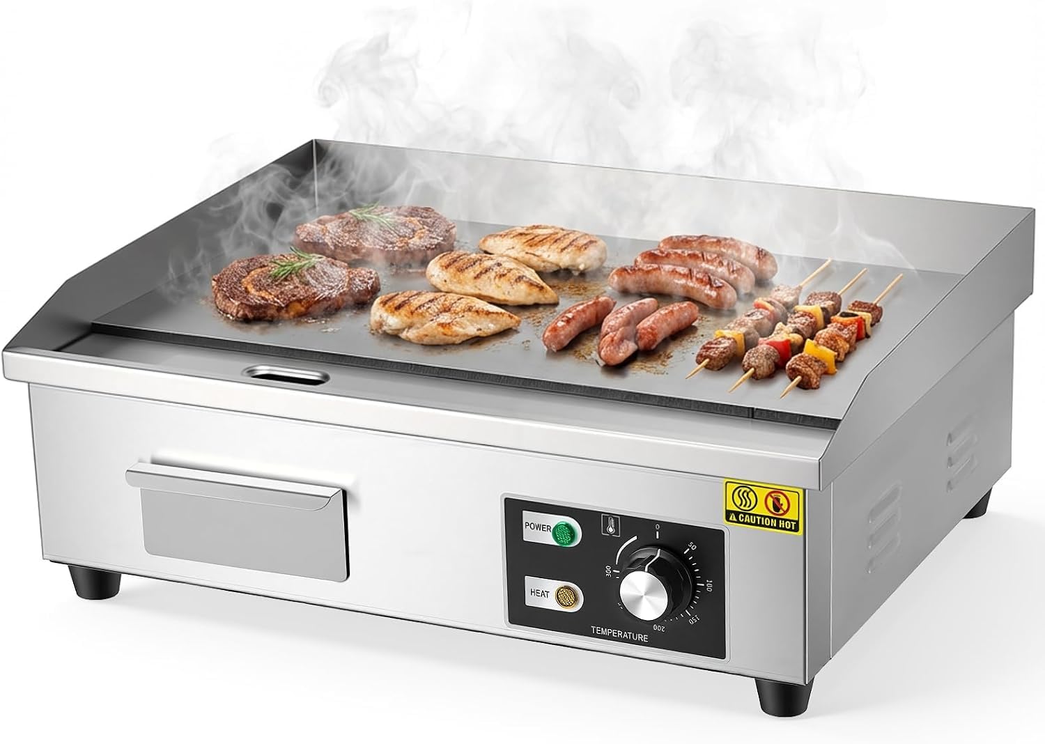 Plaque électrique Professionnelle, plancha avec température réglable 50-300℃ (122-572°F), Surface antiadhésive INOX épaissie 8mm, bac de récupération d'huile, pour Restaurant et Cuisine Maison