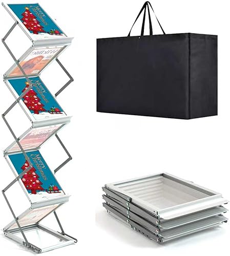 Revistero plegable de aluminio con 6 bolsillos, soporte para folletos, soporte de exhibición de revistas, estante de literatura con bolsa de