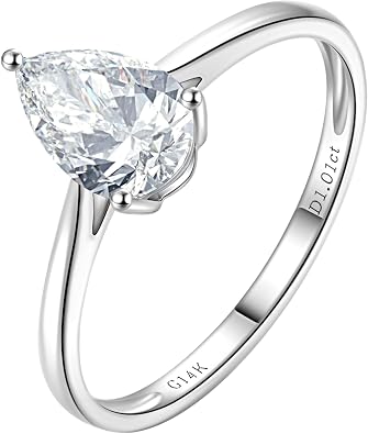 1-3 Carat Lab Grown Diamond Pear Shaped Engagement Rings for Women | 14K White Gold Pear Cut Diamond with with IGI Certified, D-E color and VS1-VS2 clarity