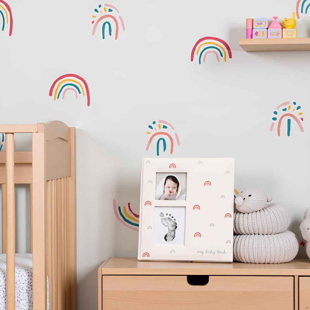 Kate & Milo Baby Memory Book, Included Ink Pad for Baby's Handprint or Footprint, Gender-Neutral, Newborn's First Year Milestone Keepsake Journal, Rainbow Print