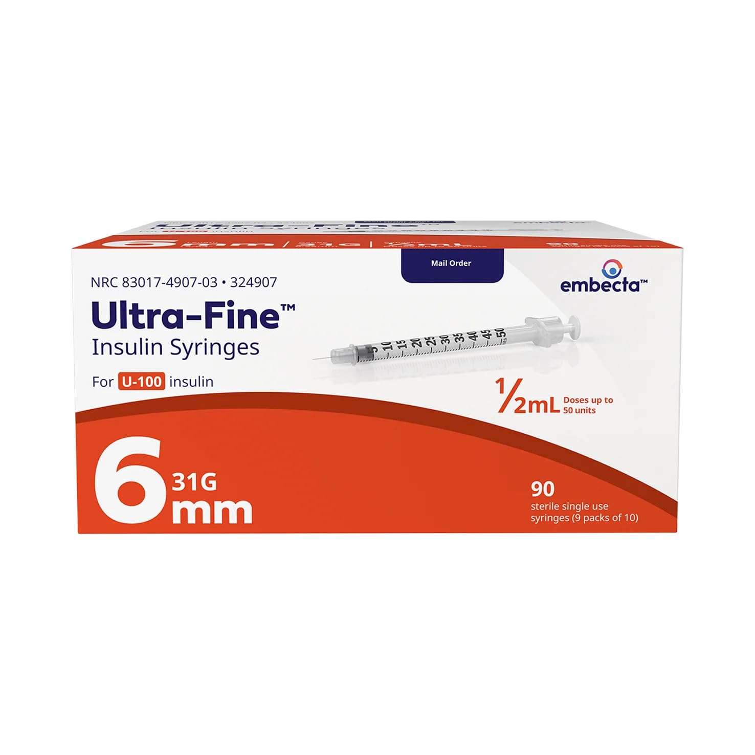 BD Ultra-Fine Syringes 31G x 6mm, 0.5cc, Box of 90