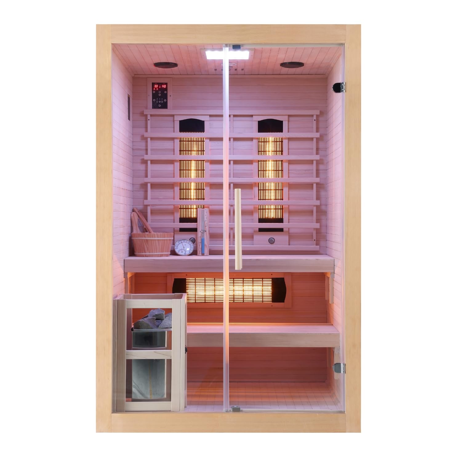 Cabina a infrarossi e sauna finlandese TWINCOMBI – 130 x 120 x 200 cm – per 2 persone, faretto a spettro completo, forno per sauna con pietre per sauna, luce a LED (7 colori), lettore MP3 incluso