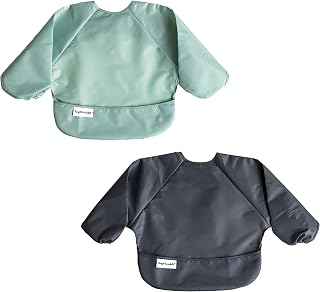 Tiny Twinkle Long Sleeve Bib for Babies & Toddlers – 2 Pack Waterproof Smock Bibs for Eating – Machine Washable & Mess-Proof, Baby Feeding Essential & Shower Must-Have (Sage Charcoal,6–24M)