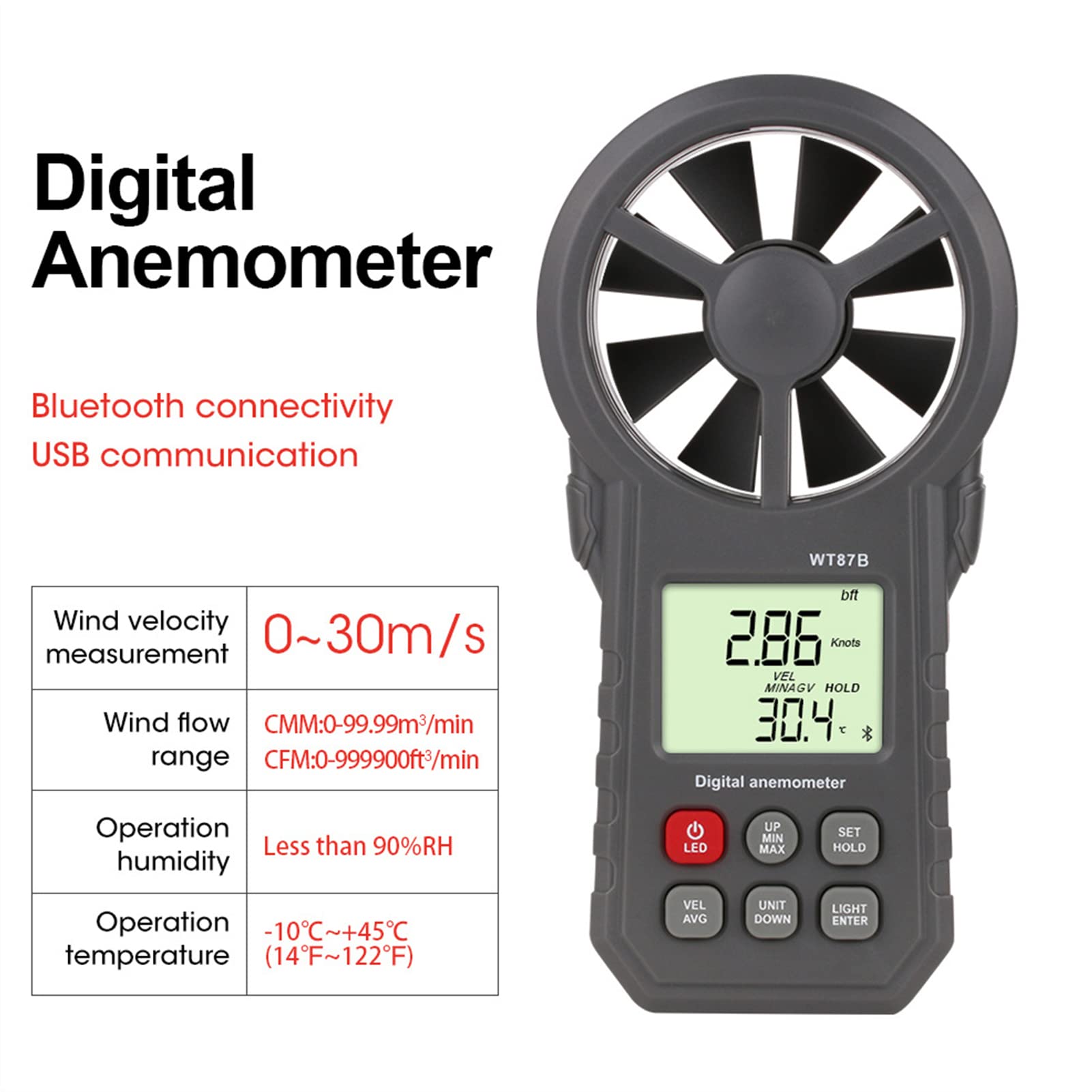 Windmesser mit Thermometer Mini Bluetooth Anemometer Digitaler Hand Windmesser mit LED-Beleuchtung Digital Anemometer Windmessgerät für Windsurfen Segeln Angeln Drohnenflug