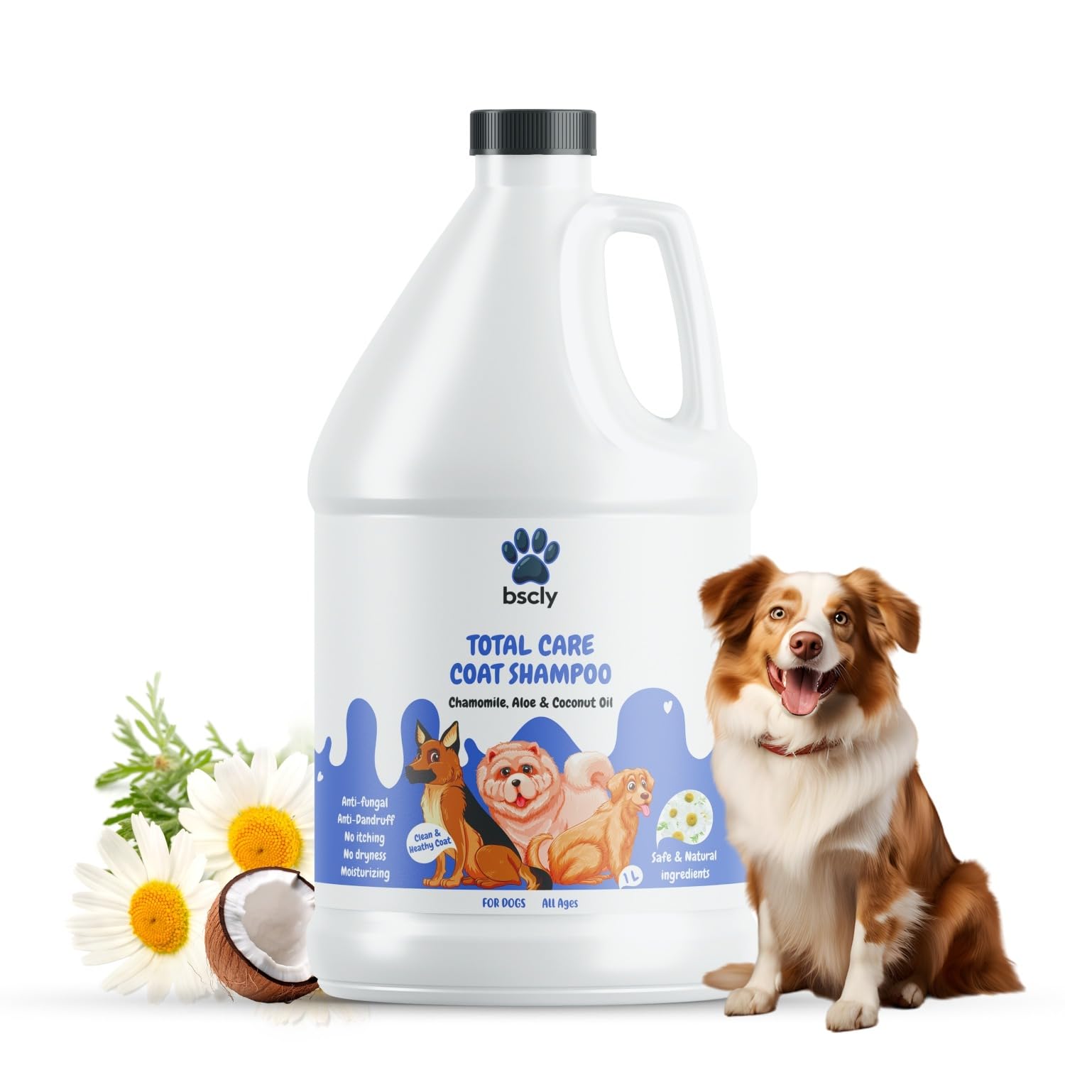 Bscly Total Care Pet Shampoo 1000Ml - Puppy Safe Anti Ticks and Fleas Dog Shampoo | Anti-Fungal, Antibacterial, Antiseptic & pH Balanced Dog Shampoo | Regular use Coat Cleansing Shampoo for Pets