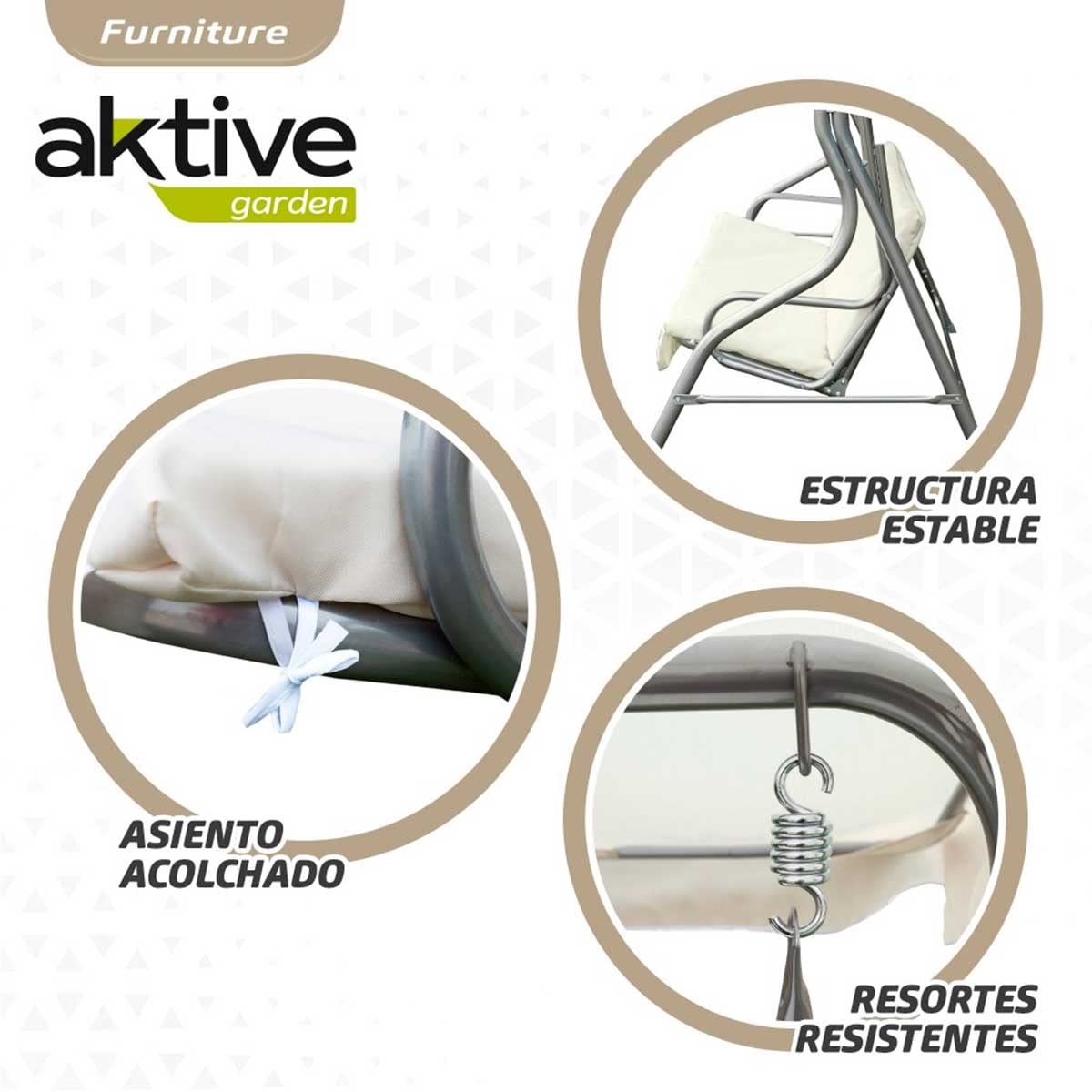 Aktive 61113 - Altalena da giardino a 3 posti color avorio | Tendalino basculante, seduta e schienale imbottiti | Sedia a dondolo da giardino antiscivolo per esterni | Misure 170x110x153