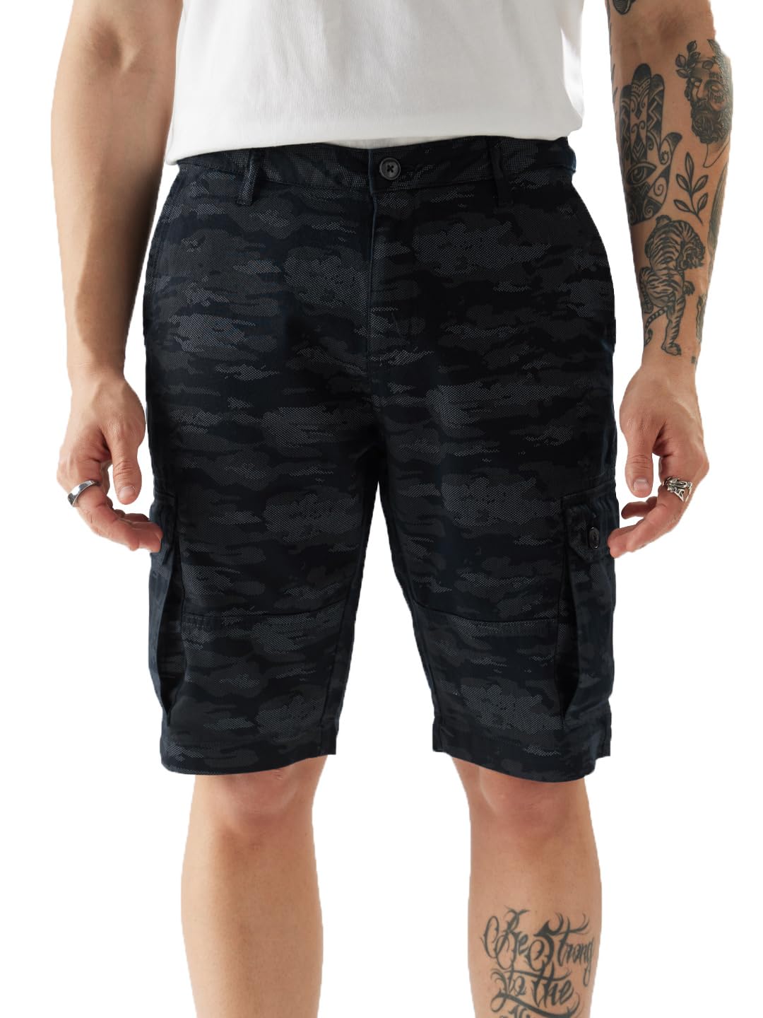 Navy Camo Men Regular Fit Cotton Cargo Shorts-image-45