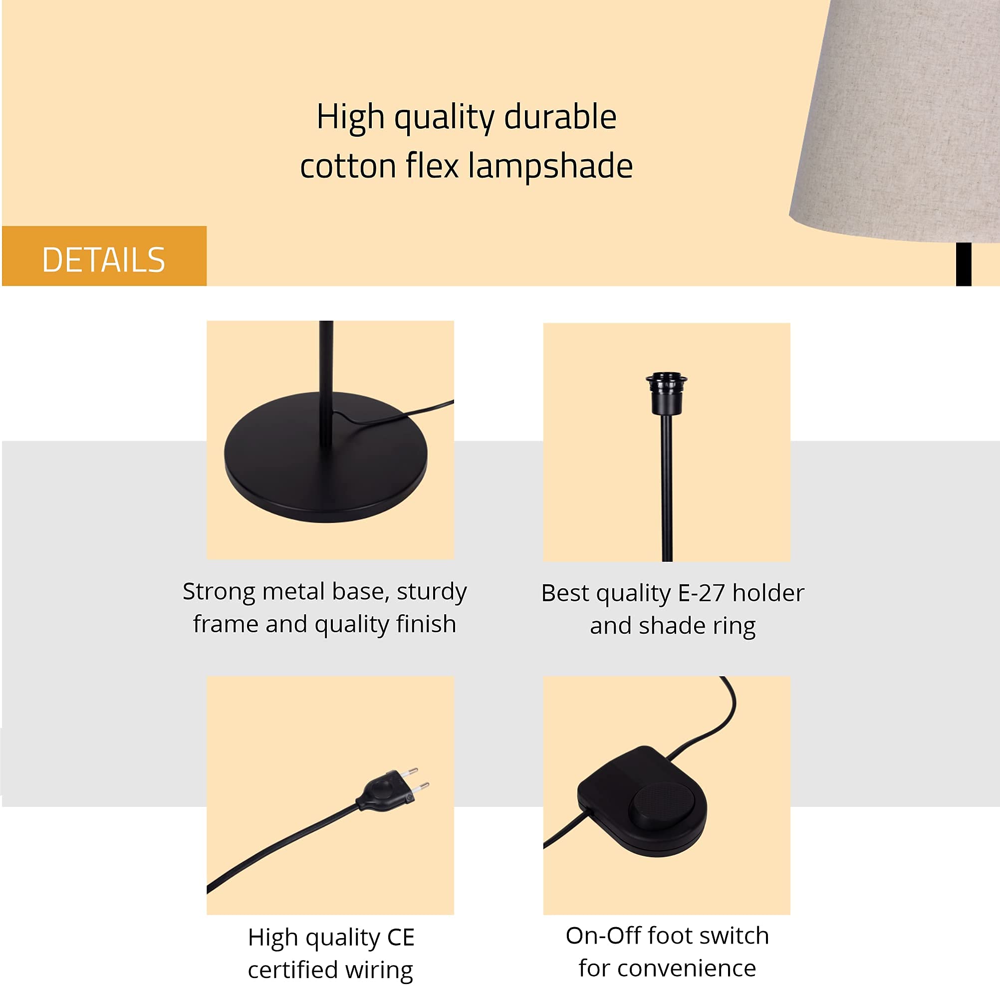 Divine Trends Floor Lamp Standing Modern Black 5Ft Height Off White Lamp Shade 16 Inches for Living Room, Bedroom - Led 3
